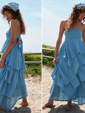 Free People Light Blue Strapless Tiered Maxi Dress